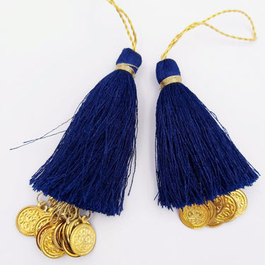 Navy Blue Tassels Latkan With Metal Coins, Indian Latkans, Blue Handmade Sewing Latkans